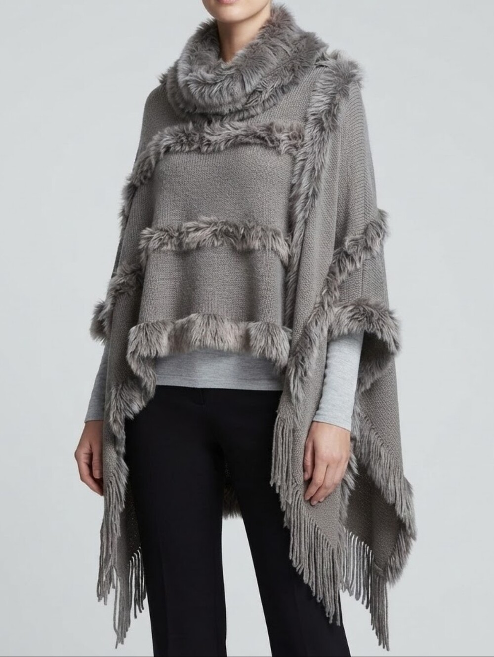 Pinklicious Faux Fur Trim Cowl Neck Poncho Knit Cape One Size Grey